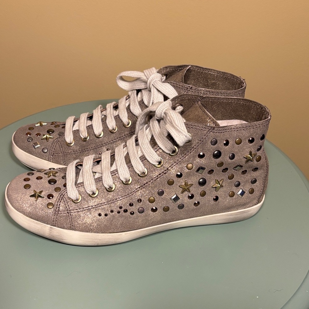 Arnold Churgin Women’s Metallic Taupe High-Top Sneakers with Stud Accents